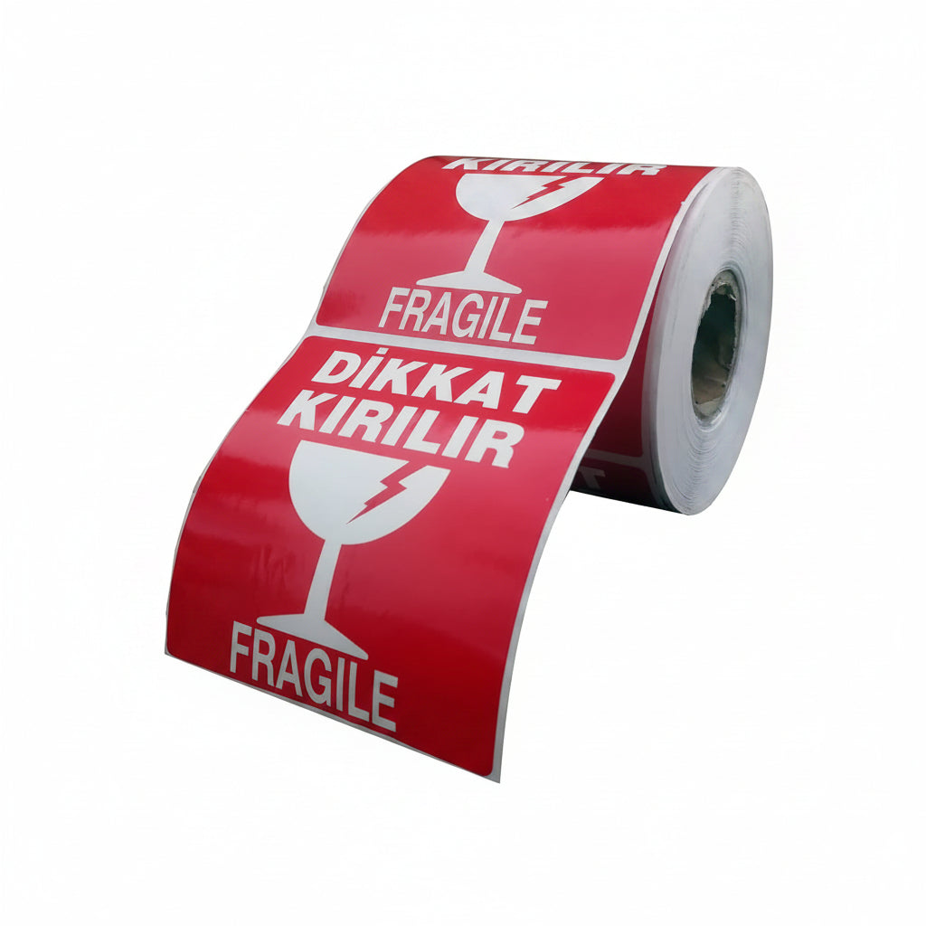 100x100 Dikkat Kırılır Uyarı Etiketi 500 Sarımlı