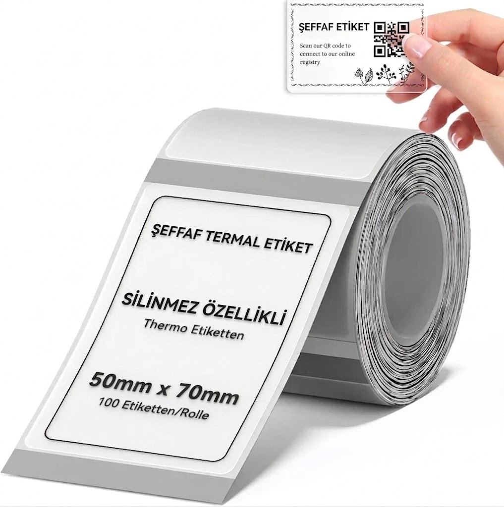 50x70 mm Şeffaf Termal Silinmez Etiket | 125 Adet Rulo