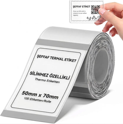 50x70 mm Şeffaf Termal Silinmez Etiket | 125 Adet Rulo